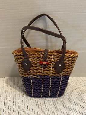 Vintage Woven Raffia Handbag Purse with Leather Handles Garden